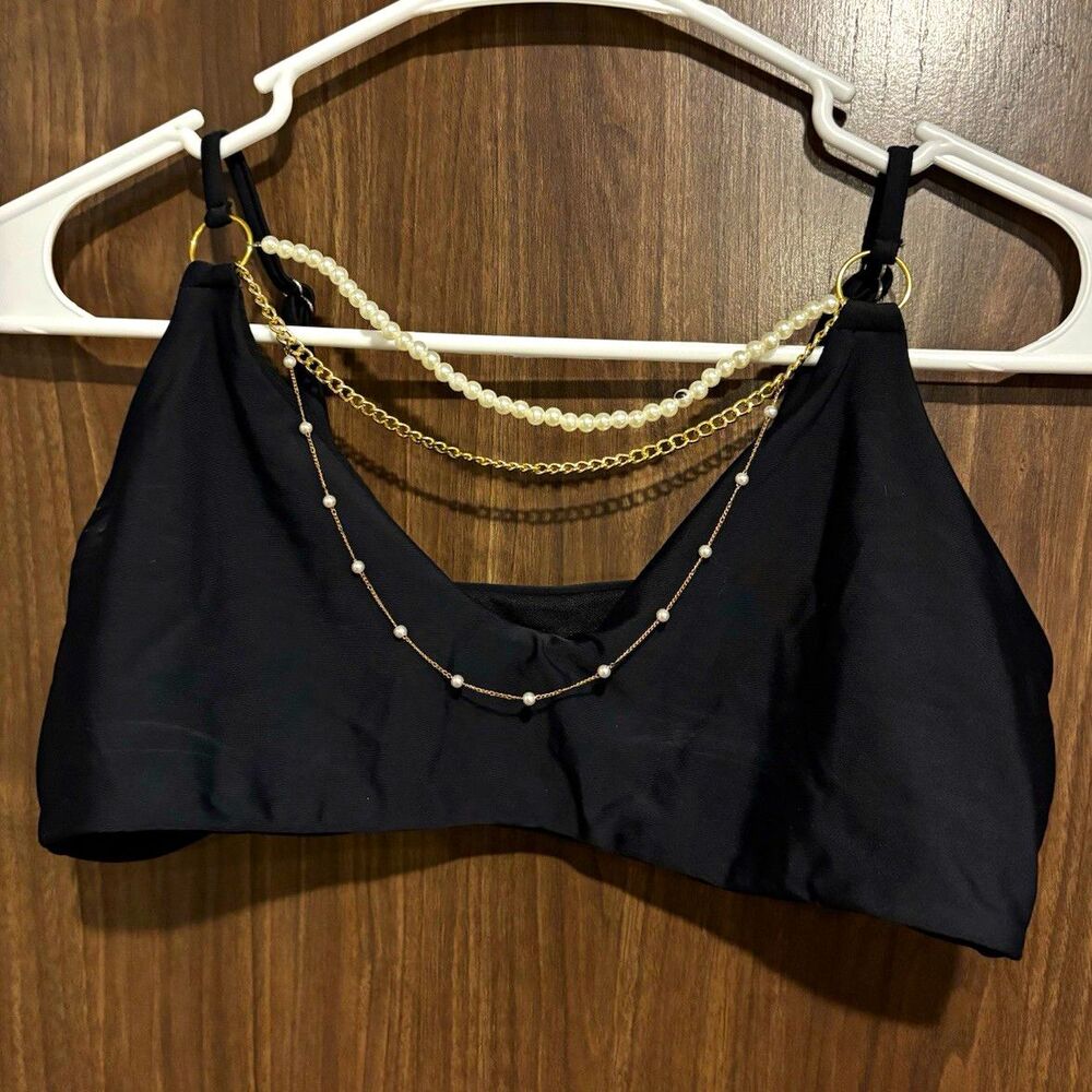 SHEIN Women’s Black Solid Bralette Beaded Detail Bikini Swim Stretch Size L